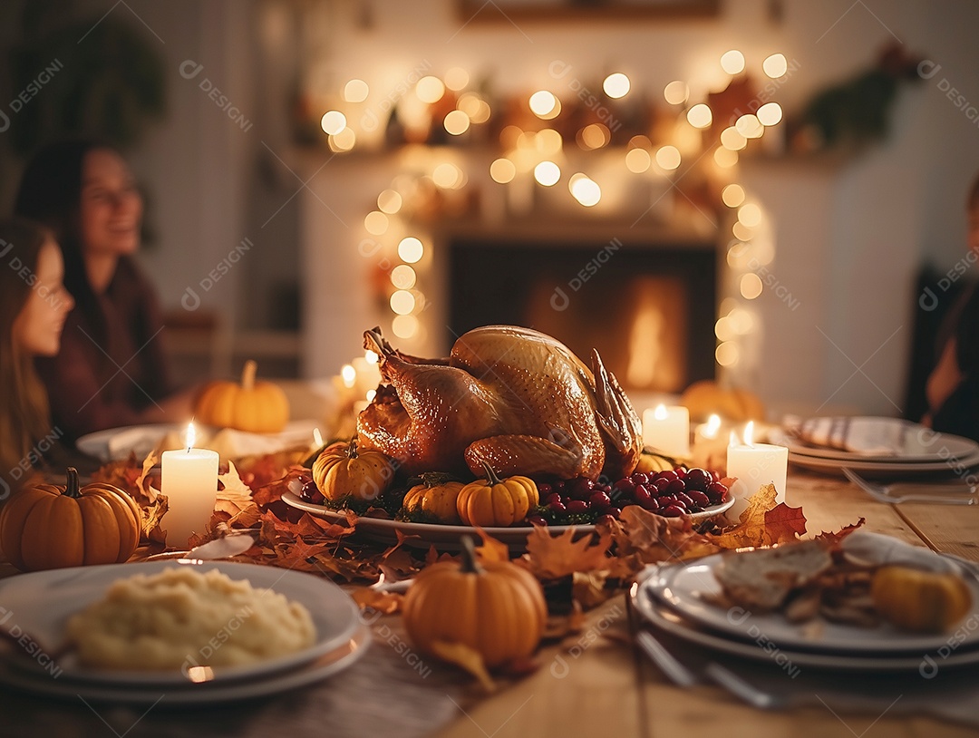 Linda ceia com peru assado sobre mesa de madeira