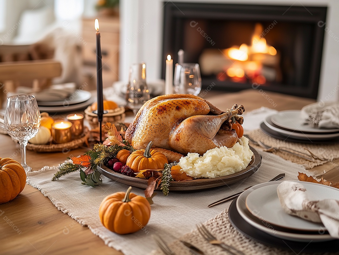 Linda ceia com peru assado sobre mesa de madeira