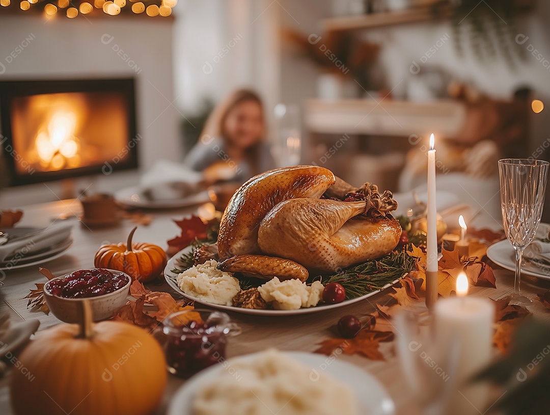 Linda ceia com peru assado sobre mesa de marmore
