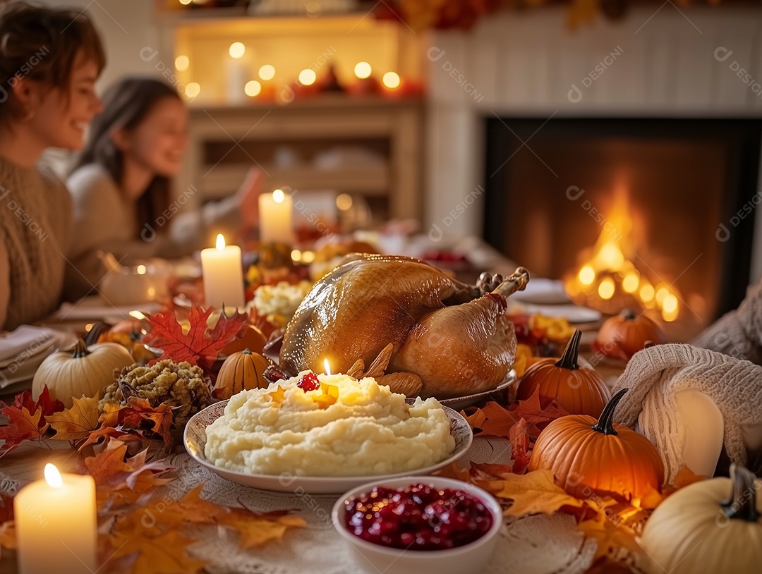 Lindo banquete com familia ao redor sobre mesa de madeira