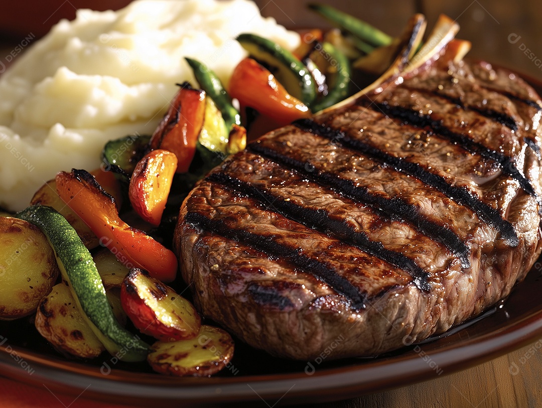 Lindo filé de carne suculenta com purê e pimentas grelhadas em um prato sobre mesa de madeira