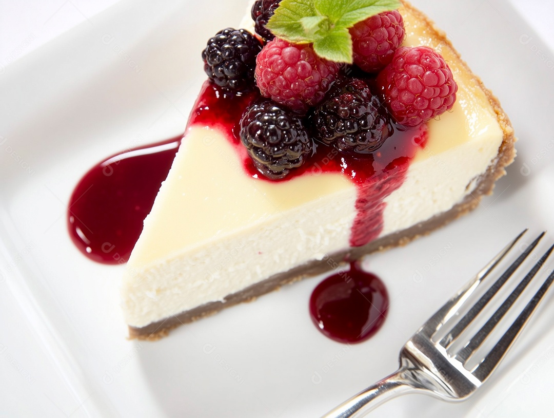 Bela torta cremosa com franboesa em um prato sobre mesa de marmore