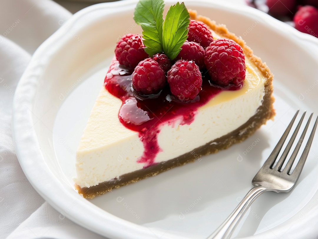 Bela torta cremosa com franboesa em um prato sobre mesa de marmore