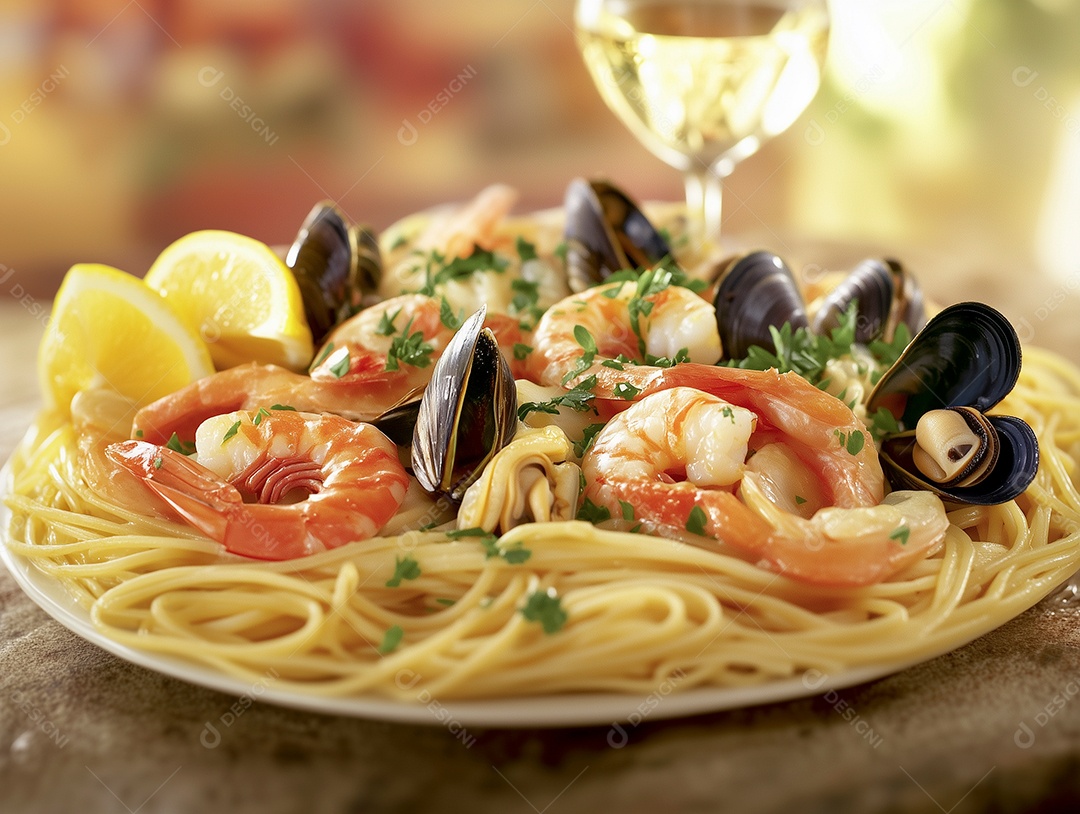 Belo esparguete com frutos do mar em prato sobre mesa de madeira