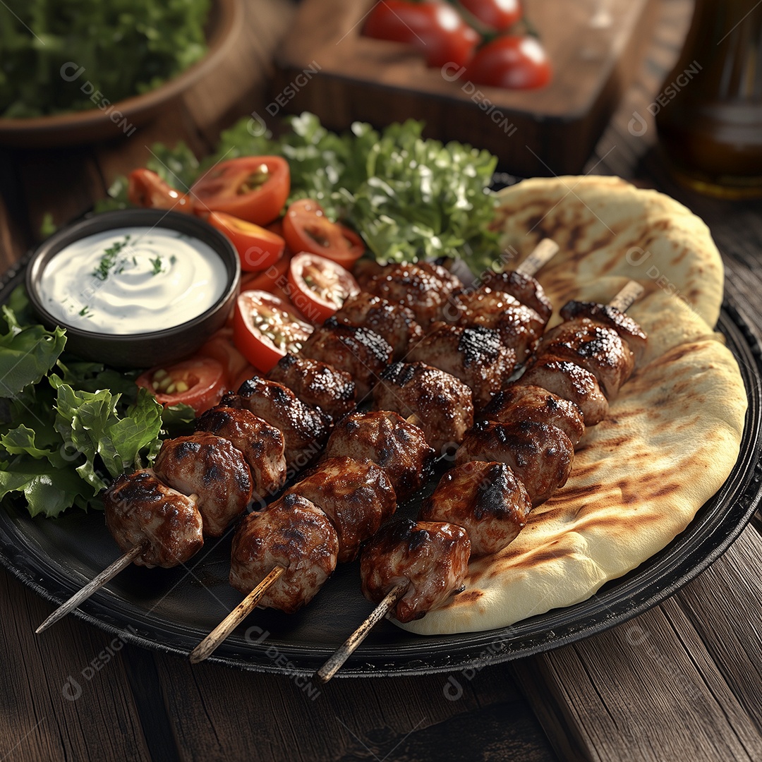 Delíciosos espetinhos de carne com acompanhamentos sobre mesa de madeira