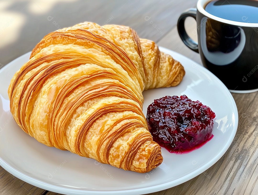 Lindo croissant com geleia em prato ao lado de xícara de café sobre mesa de madeira