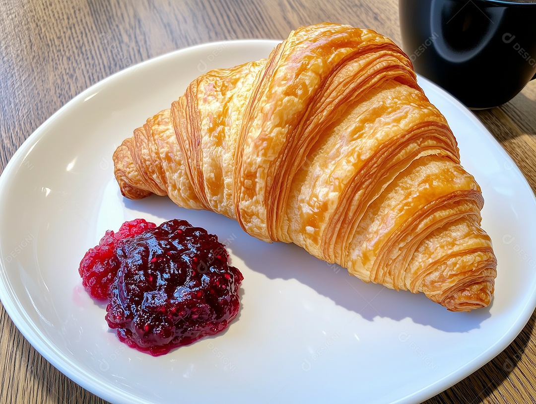 Lindo croissant com geleia em prato ao lado de xícara de café sobre mesa de madeira