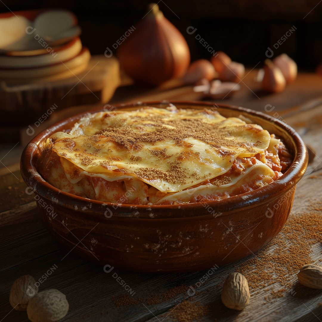 Macarronada de carne moída com queijo em tijela sobre mesa de madeira