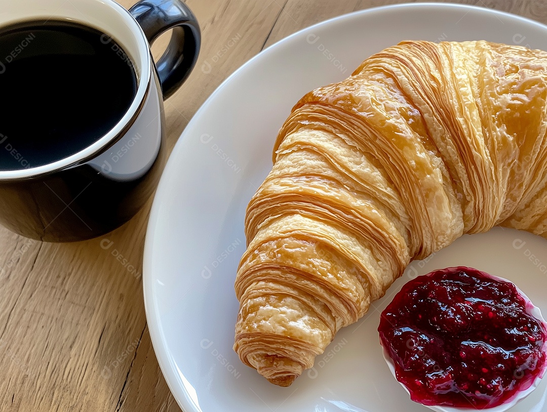 Lindo croissant com geleia em prato ao lado de xícara de café sobre mesa de madeira