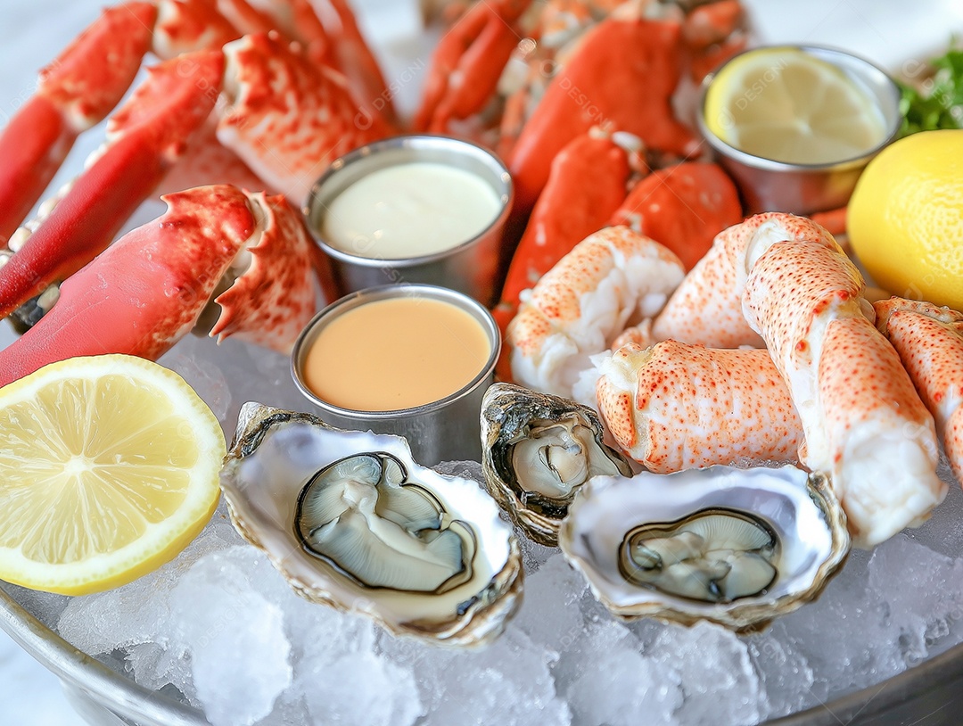 Linda bandeija recheada de frutos do mar sobre mesa de madeira