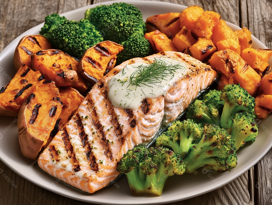 Delícioso filé de salmão com abóbora e brocolis grelhado em um prato sobre mesa de madeira