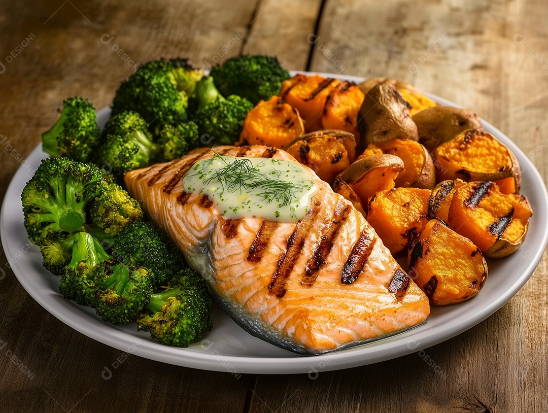 Delícioso filé de salmão com abóbora e brocolis grelhado em um prato sobre mesa de madeira