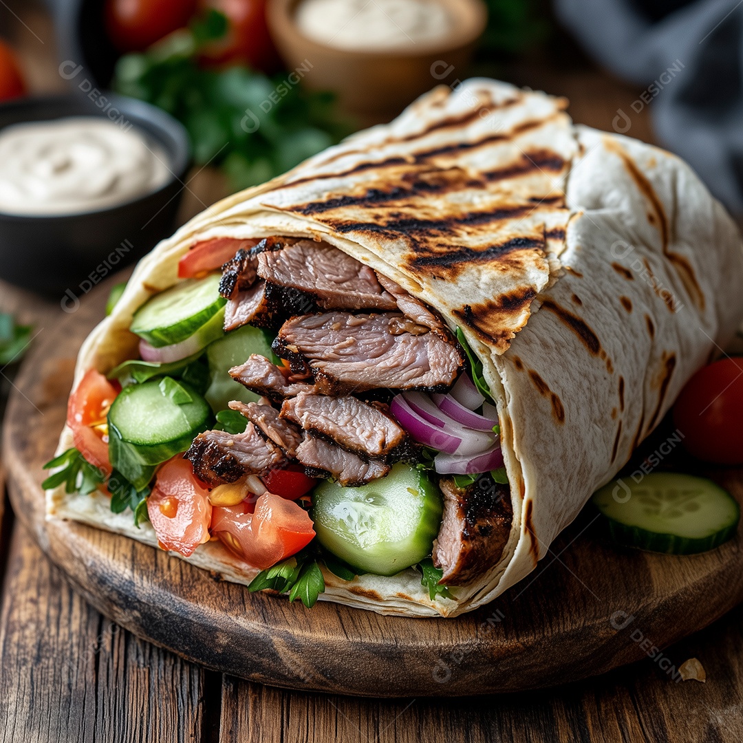 Delícioso taco com carne e vinagrete em tábua sobre mesa de madeira
