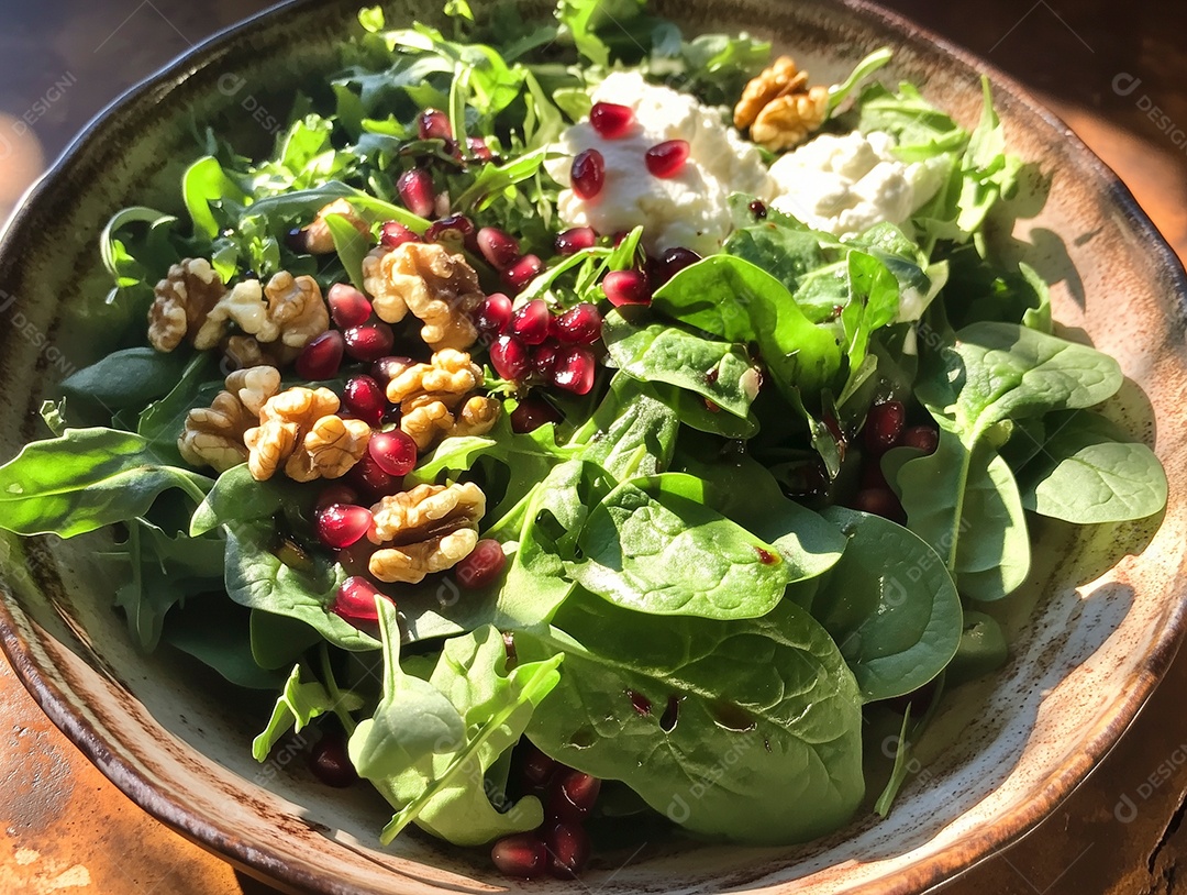 Salada de rúcula com queijo servida com nozes e romã em tijela sobre mesa de madeira