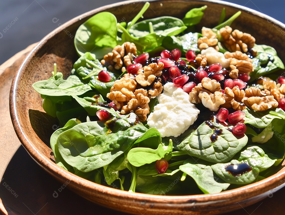 Salada de rúcula com queijo servida com nozes e romã em tijela sobre mesa de madeira