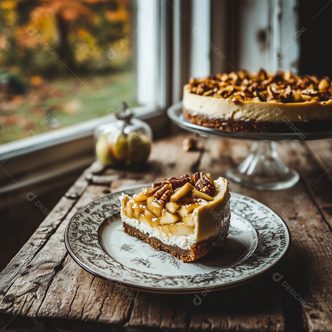 Linda torta com maçã caramelizada em prato sobre mesa de madeira