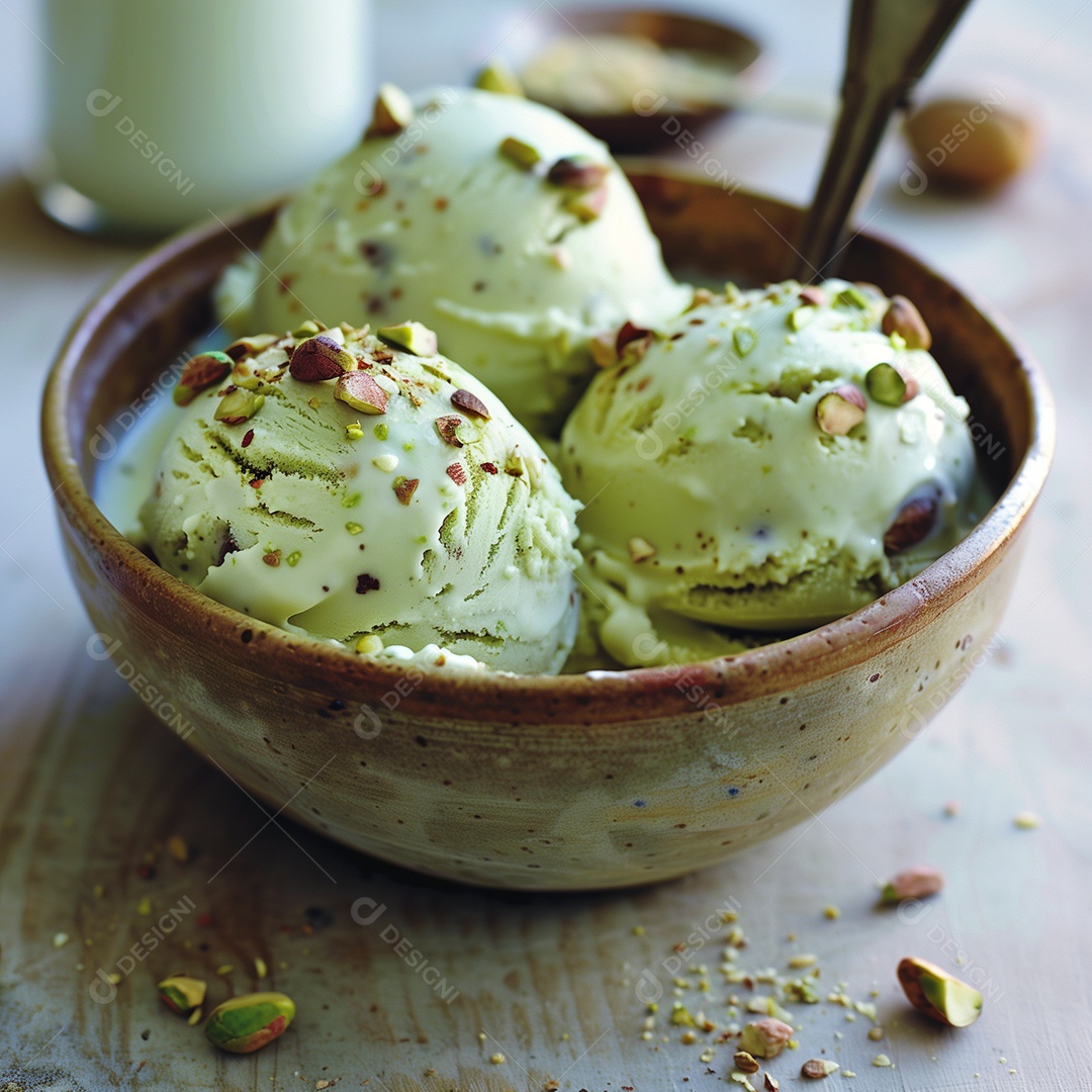 Delícioso sorvete de pistache em tijela sobre mesa de marmore