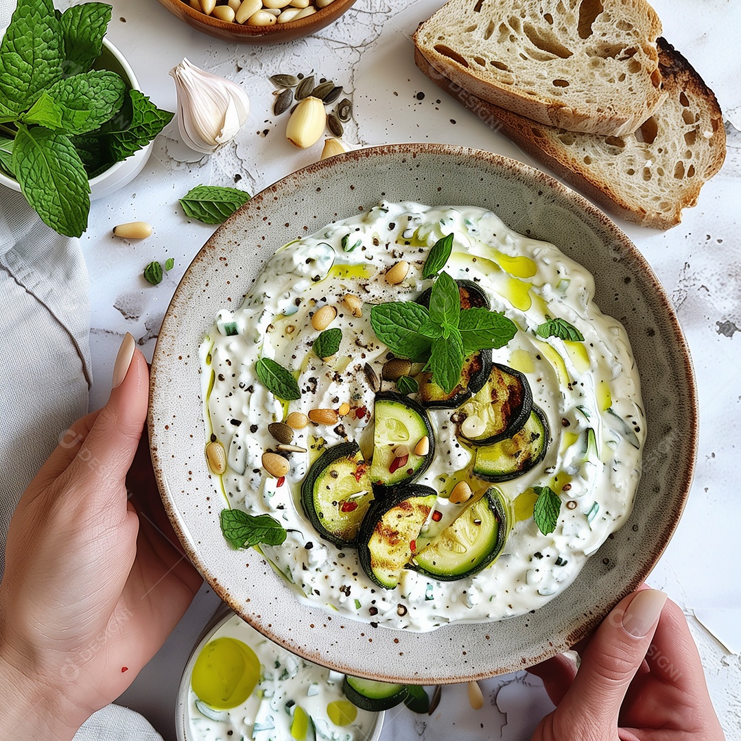 Belo molho de alho com grãos de feijão verde e rodelas de pepino em tijela sobre mesa de marmore