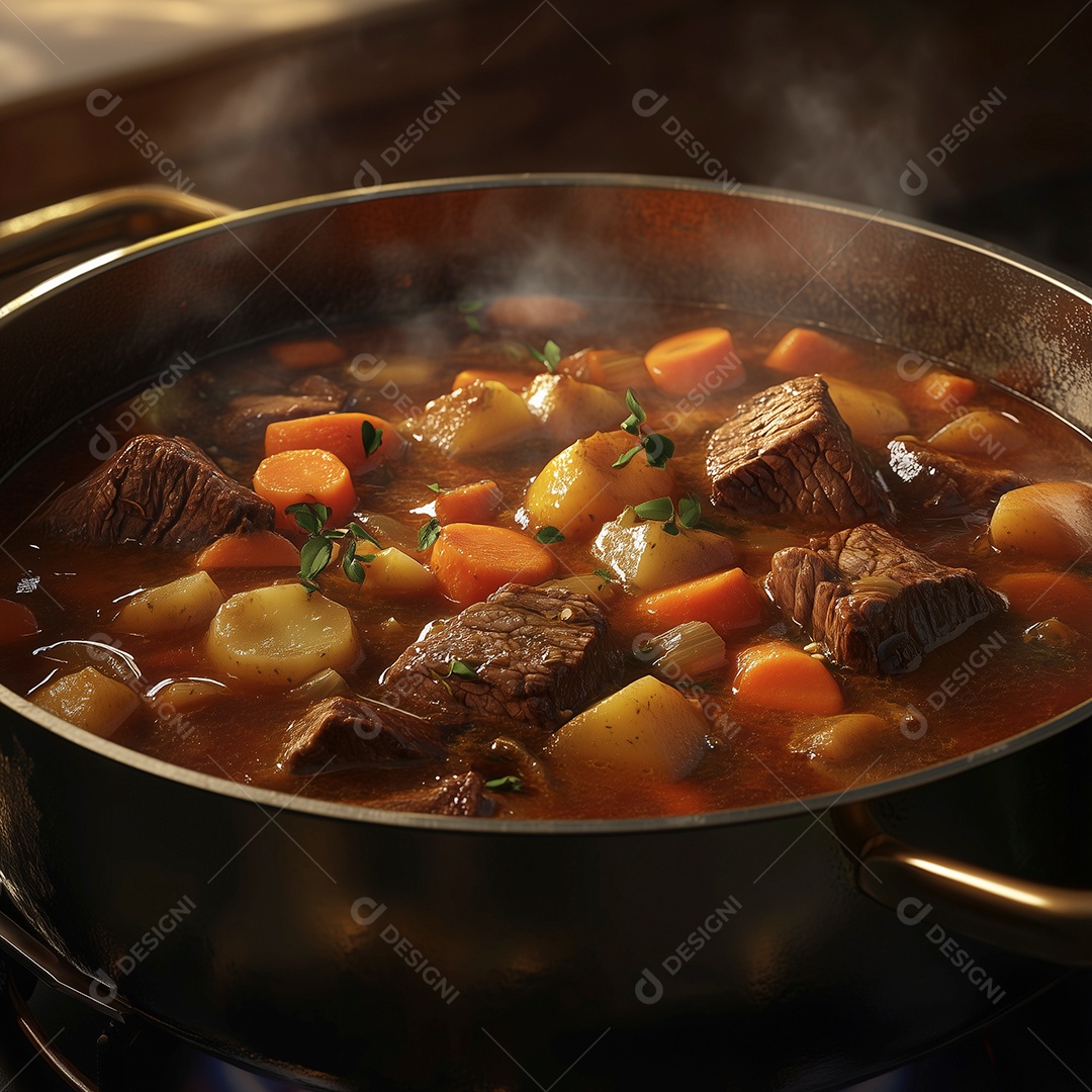 Bela carne ao molho com vegetais em panela sobre mesa de madeira