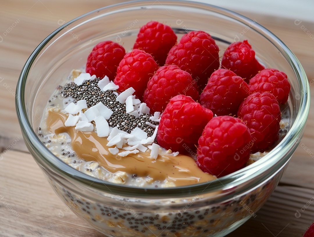 Bela sobresa de aveia e grãos de gergelim com frutas vermelha em tijela sobre mesa de madeira