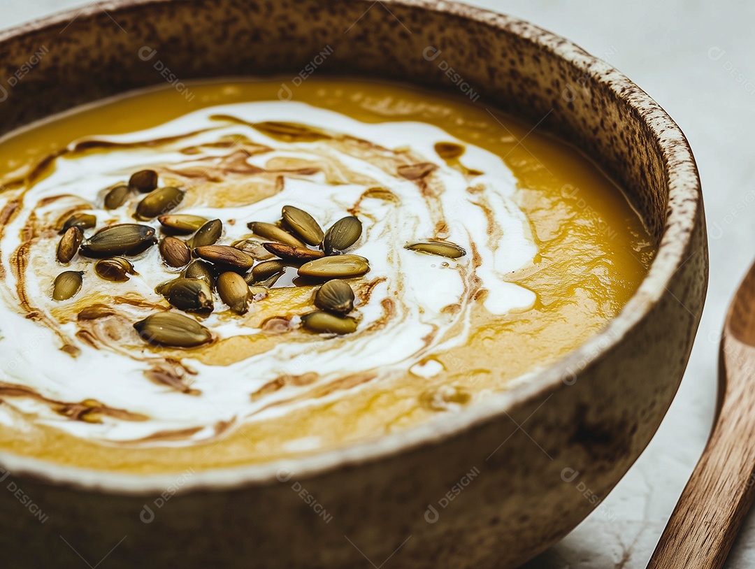Linda sopa de abóbora com sementes em tijela sobre mesa de marmore