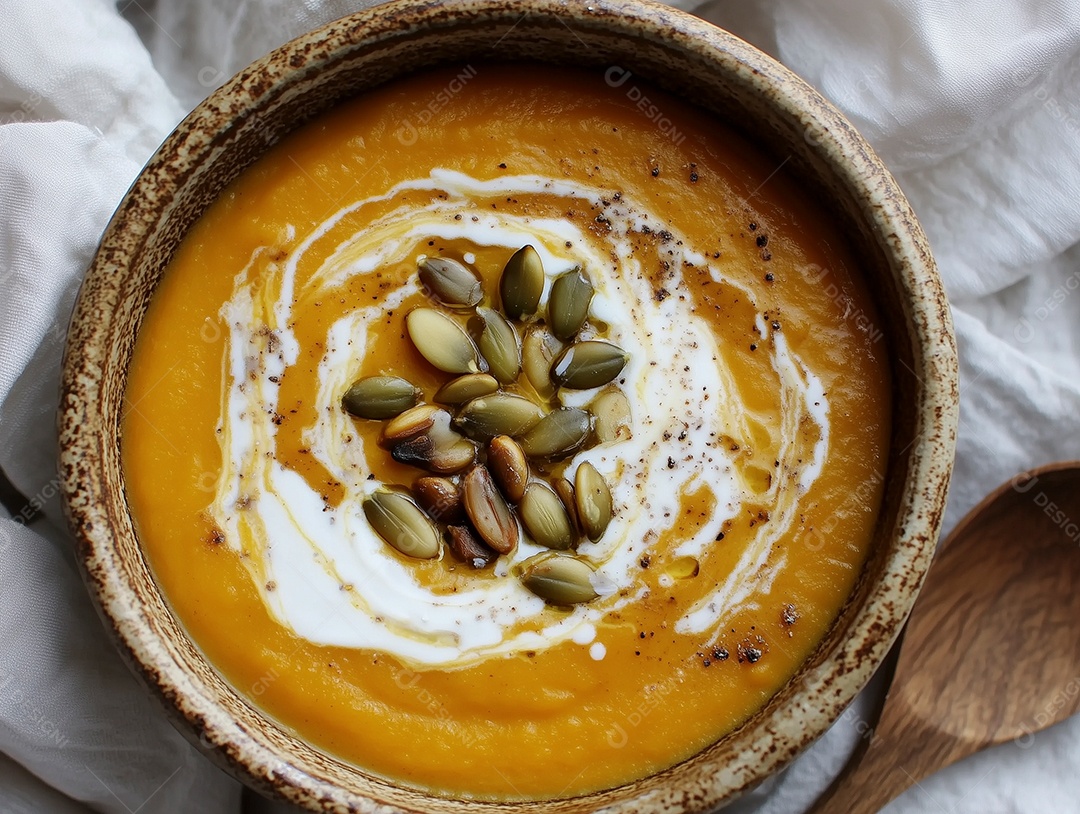 Linda sopa de abóbora com sementes em tijela sobre mesa de madeira