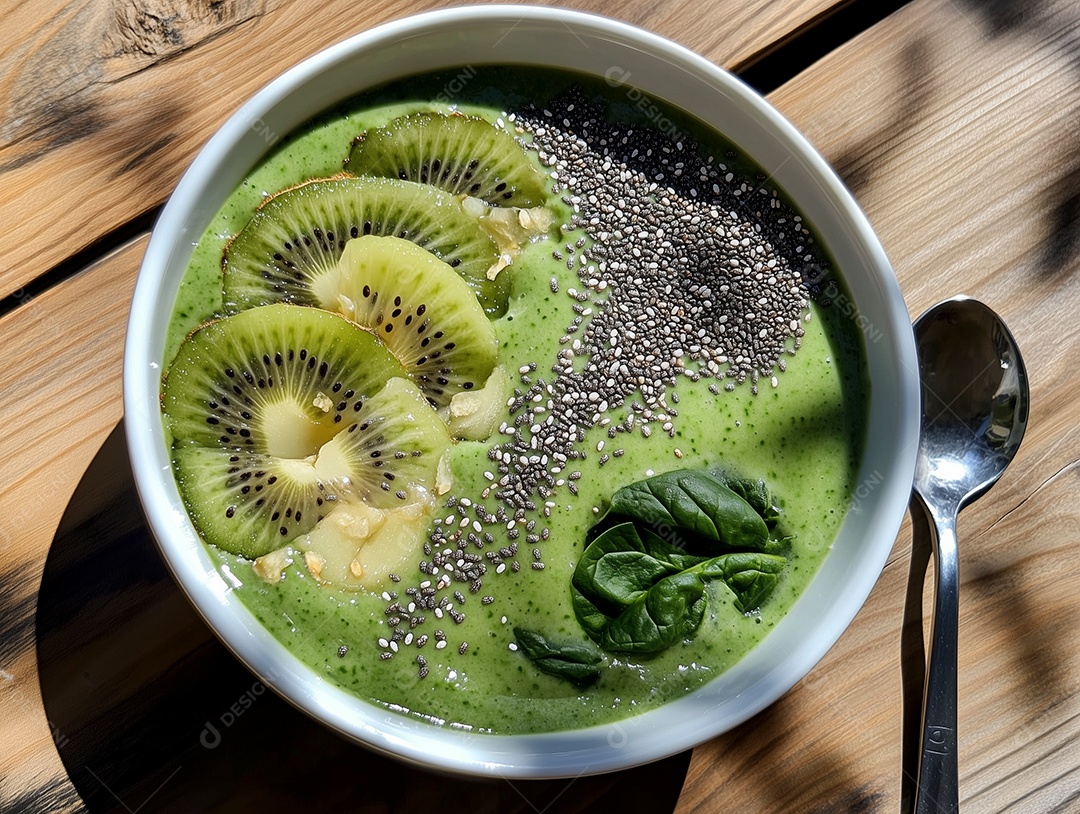 Delíciosa vitamina de kiwi com grãos de gergelim em tijela sobre mesa de madeira