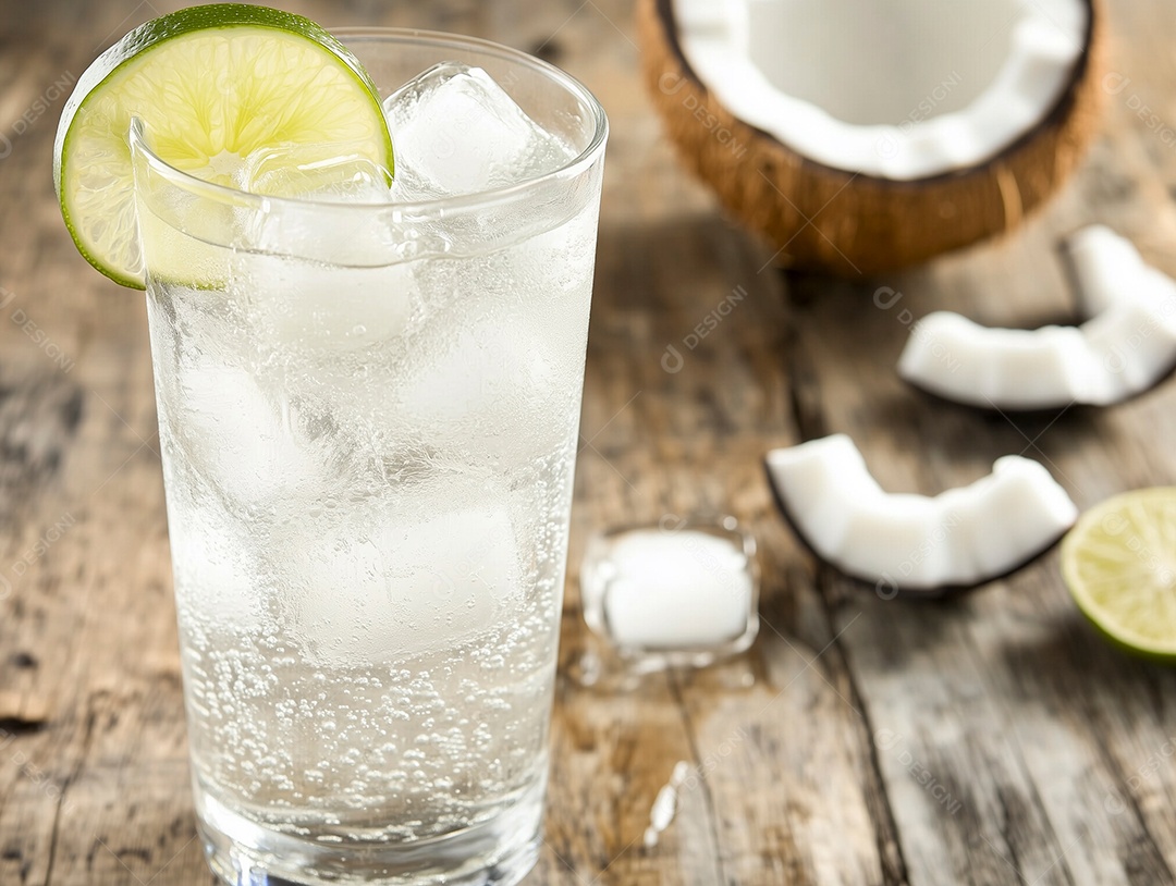 Delíciosa água de coco com gelo e rodelas de limão em copo sobre mesa de madeira