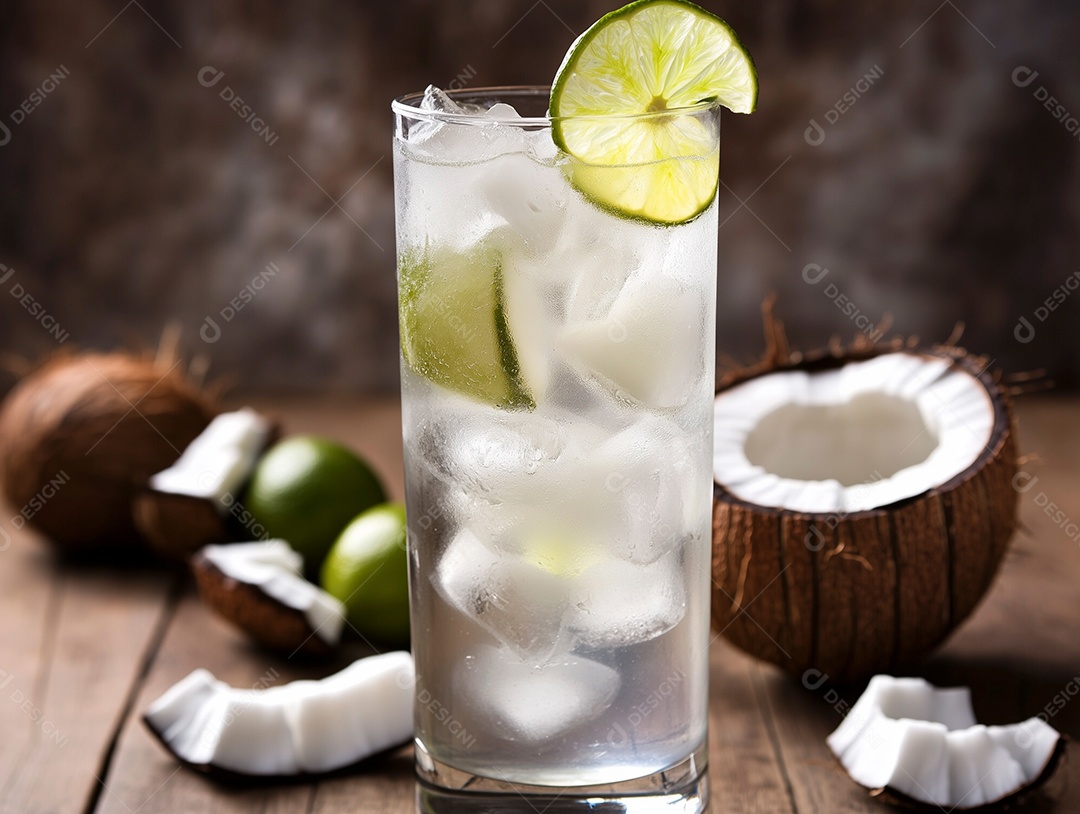 Delíciosa água de coco com gelo e rodelas de limão em copo sobre mesa de madeira