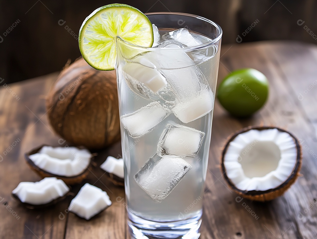 Delíciosa água de coco com gelo e rodelas de limão em copo sobre mesa de madeira