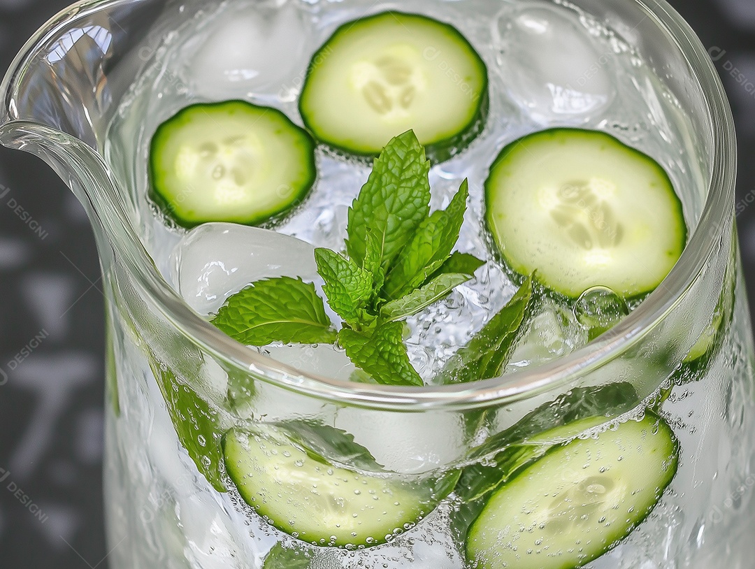 Delíciosa bebida gelada de pepino com folhas de menta em jarra sobre fundo isolado