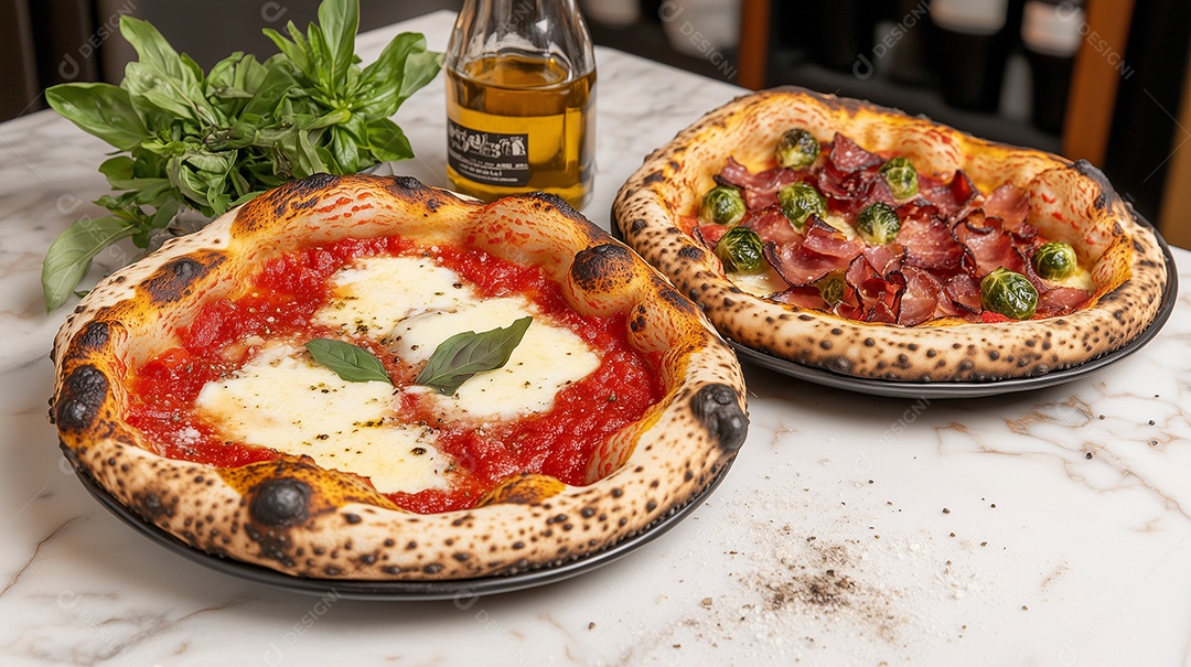 Delíciosas pizzas sobre mesa de marmore