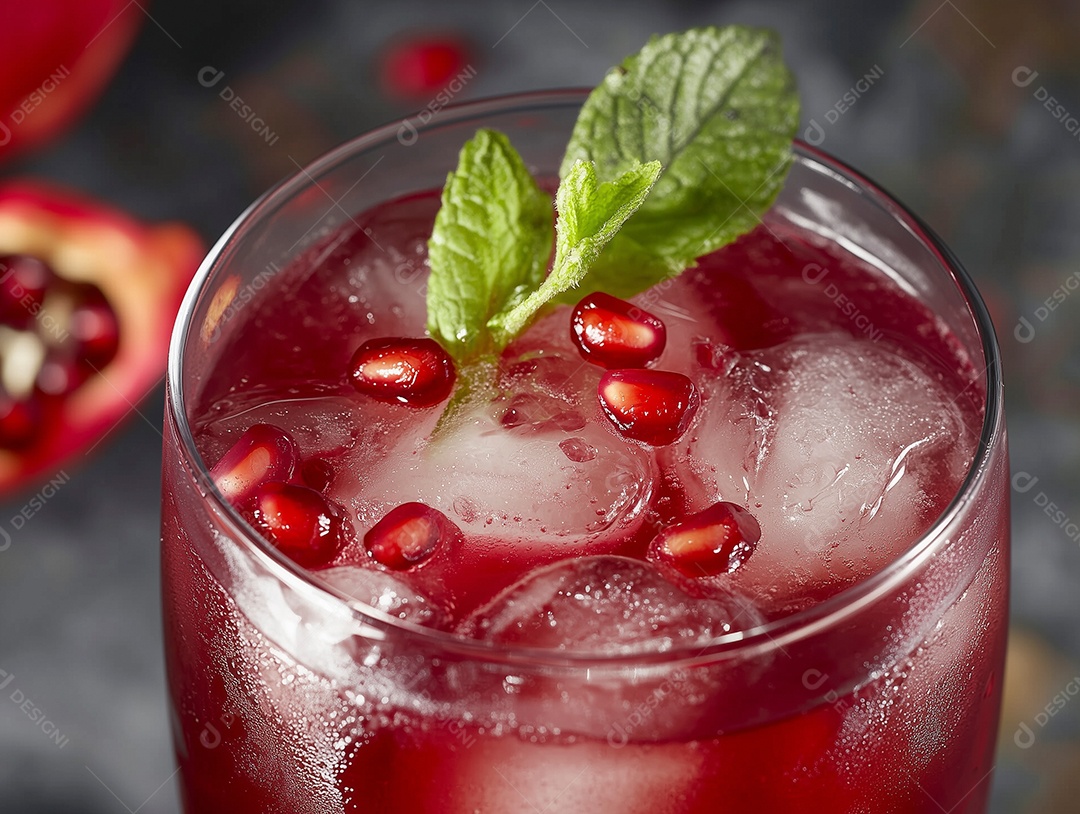 Delíciosa bebida gelada de romã com folhas de menta em copo sobre fundo isolado