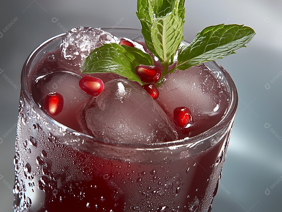 Delíciosa bebida gelada de romã com folhas de menta em copo sobre fundo isolado