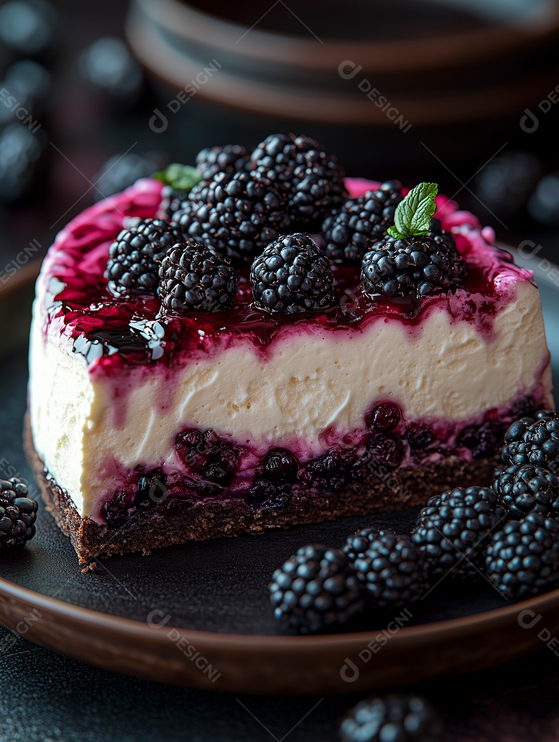 Bela sobremesa cremosa de amoras em prato sobre mesa de marmore