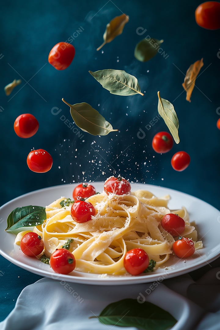 Lindo espaguete caindo em prato sobre fundo azul isolado