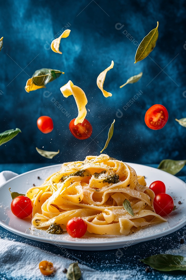 Lindo espaguete caindo em prato sobre fundo azul isolado