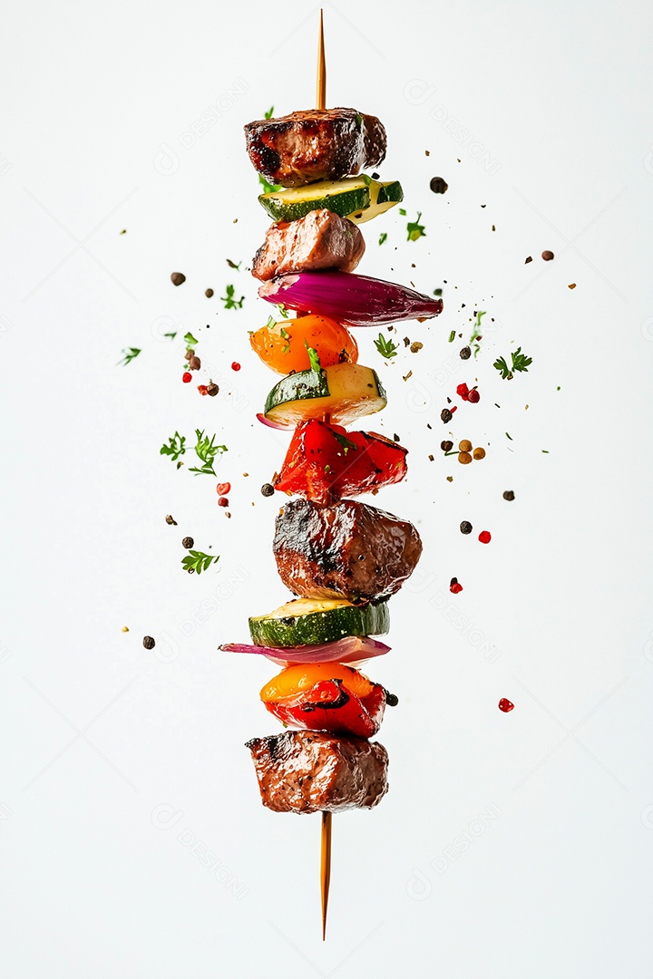 Delícioso espetinho de carne com legumes sobre fundo branco iolado