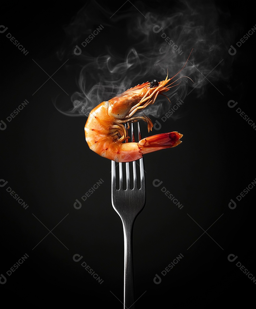 Belo camarão espetado em galfo sobre fundo isolado