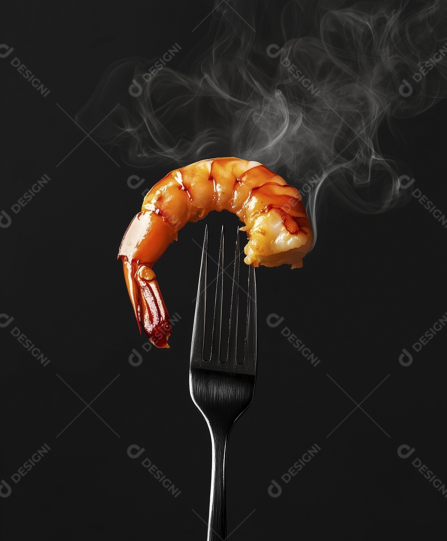 Garfo com camarão grelhado com fumaça