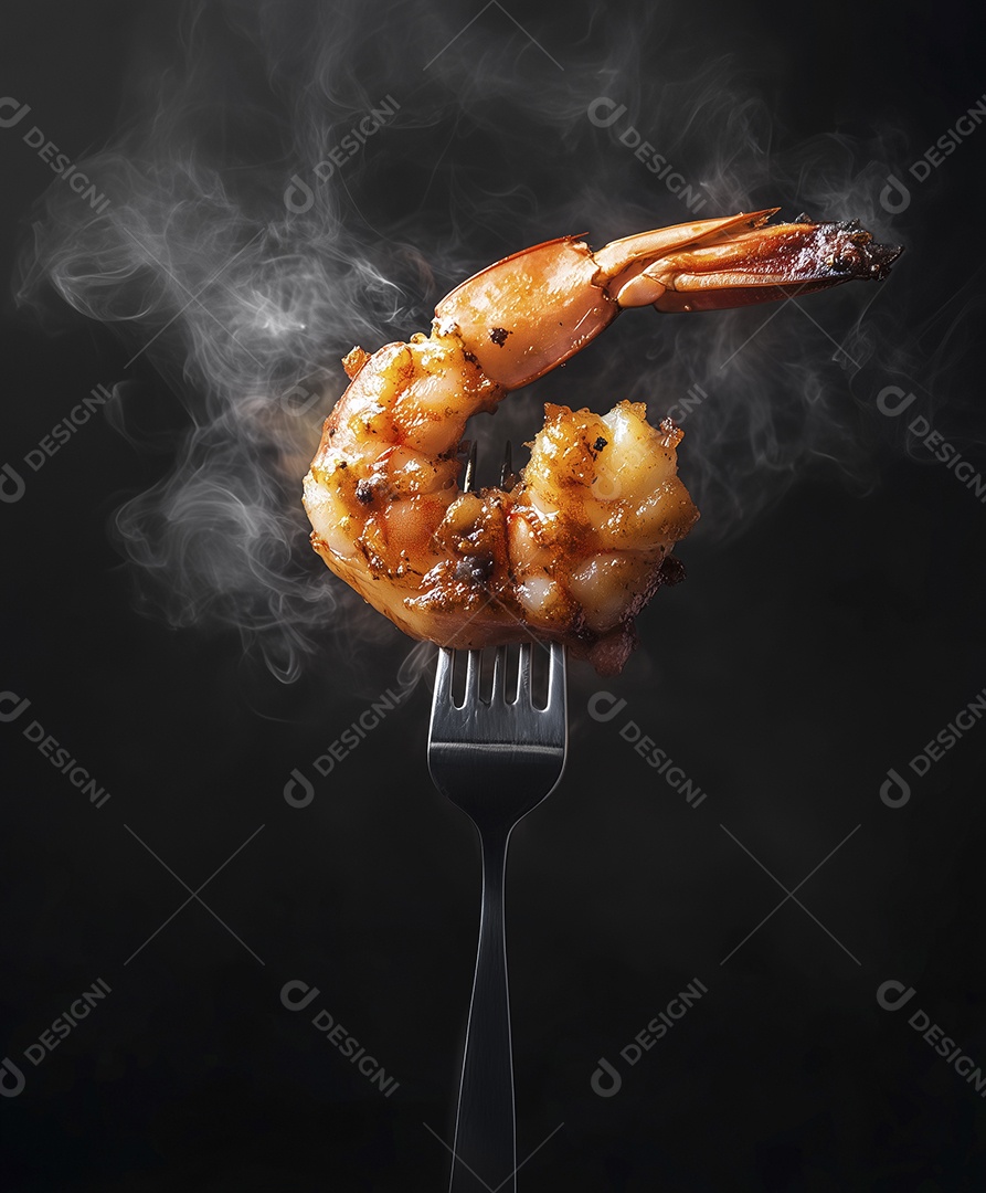 Camarão grelhado no garfo bem quente