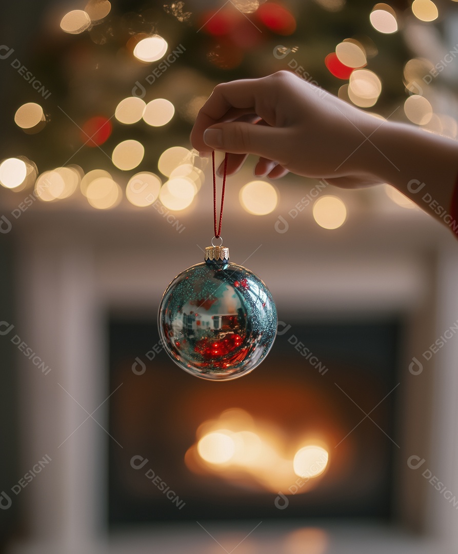 Mão segurando uma bola de enfeite para árvore de natal