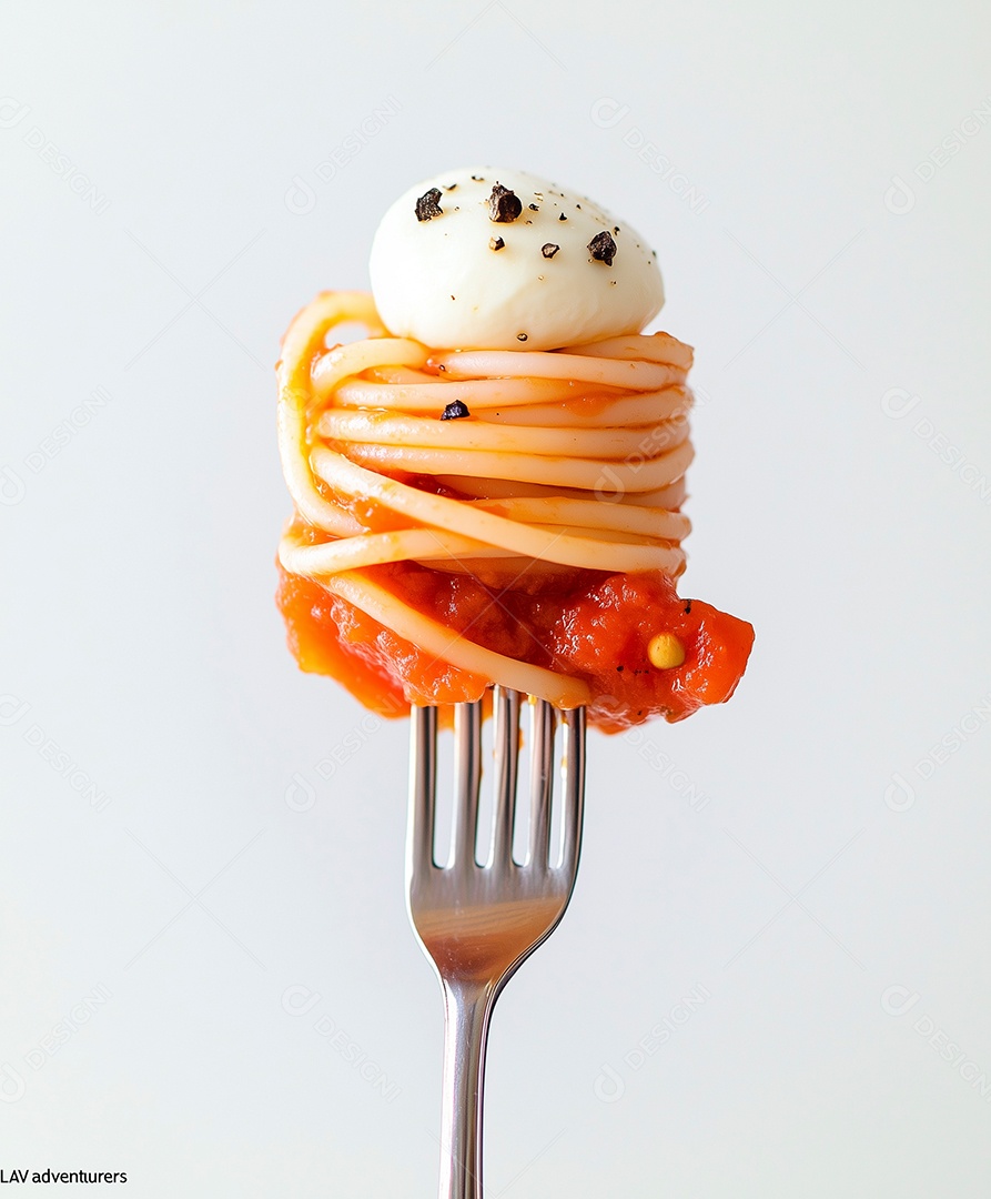 Belo esparguete com queijo coalho enrolado em um galfo sobre fundo branco isolado