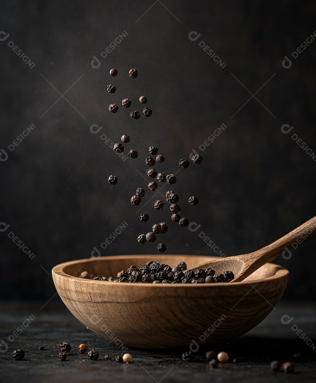 Lindos gãos de pimenta do reino caindo em tijela sobre fundo isolado