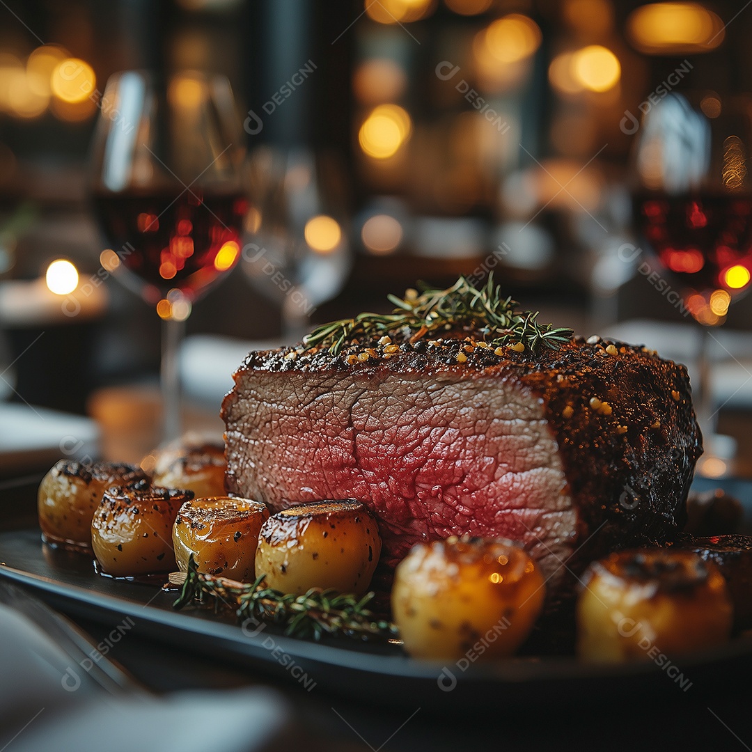 Delícioso filé de carne mal passada com batata em prato sobre mesa de madeira