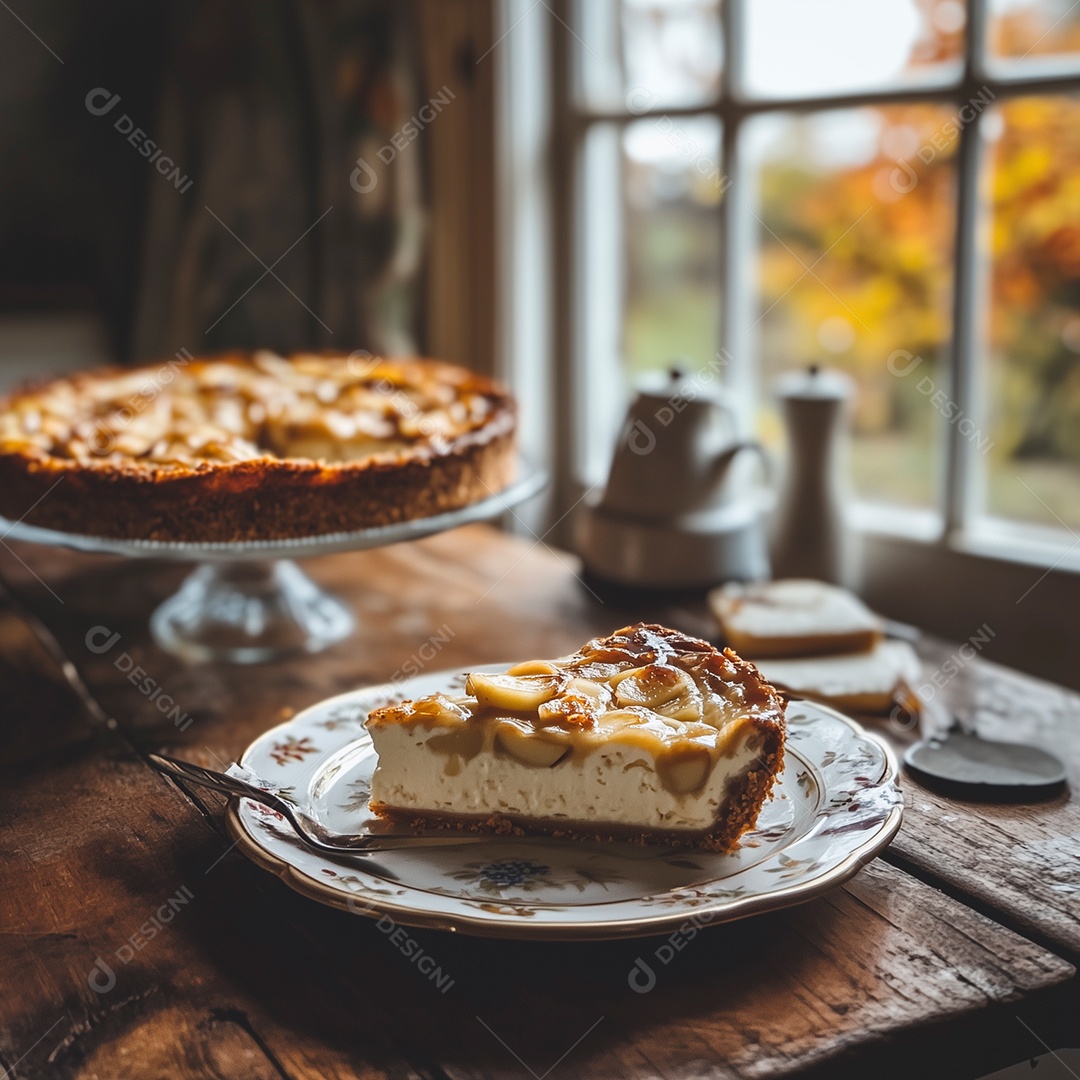 Linda torta de maçã caramelizada em prato sobe mesa de madeira