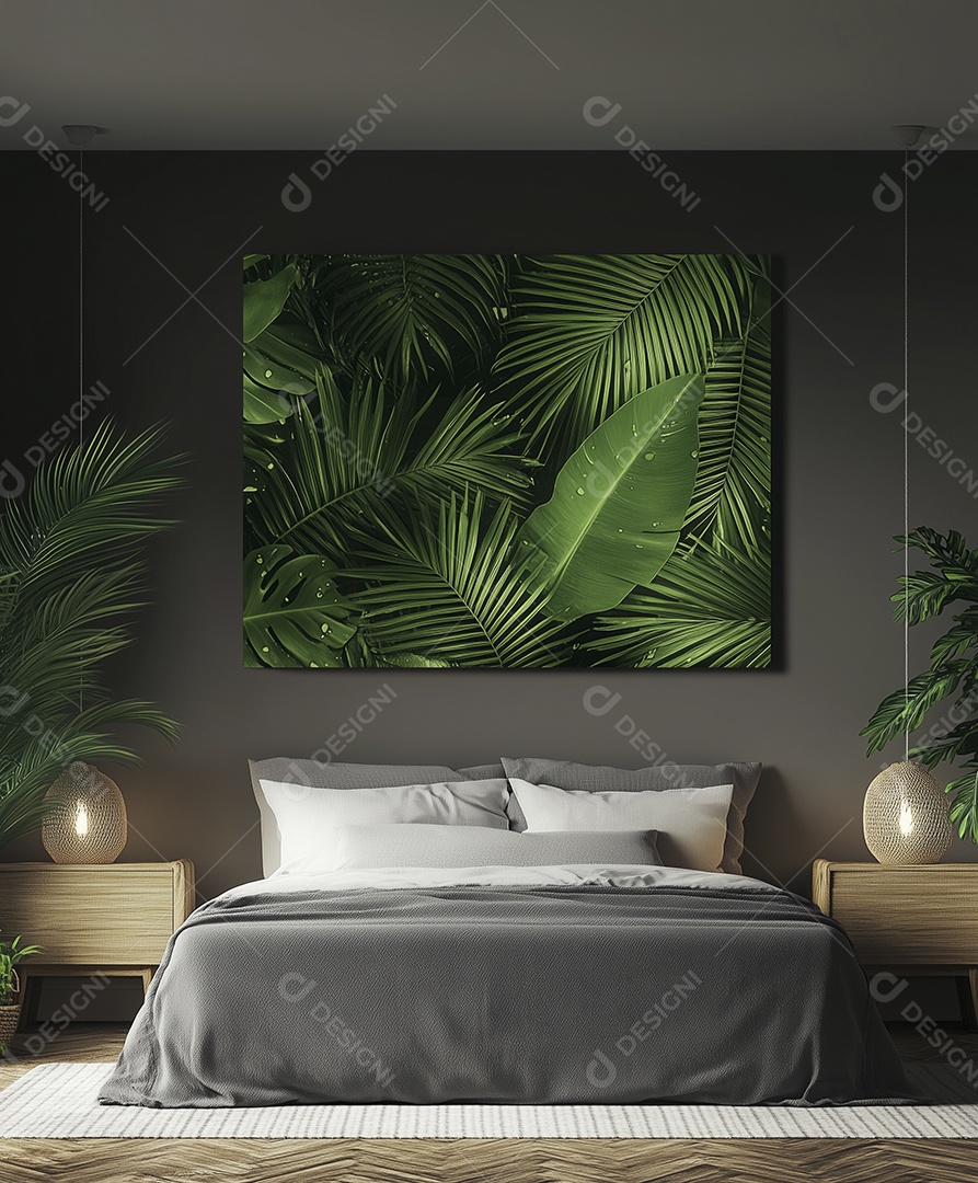 Quarto minimalista decorado com verdes