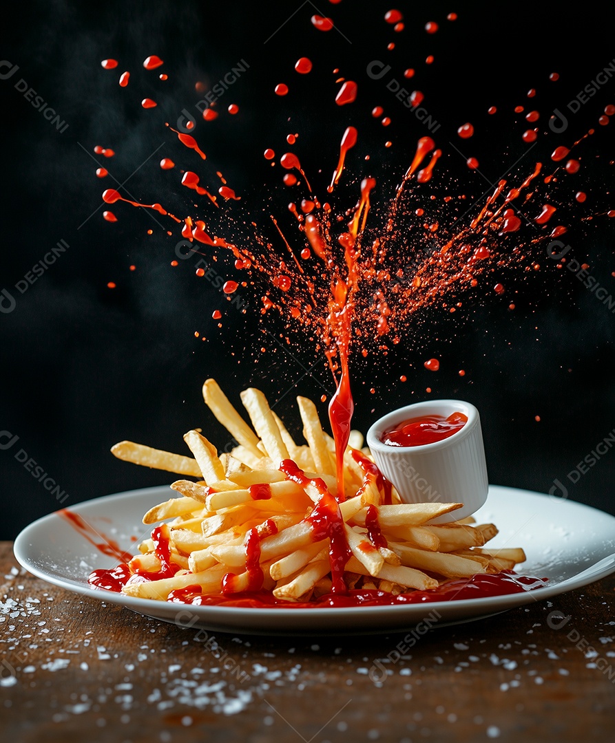 Linda explosão de ketchup em batata frita em prato sobre mesa de madeira