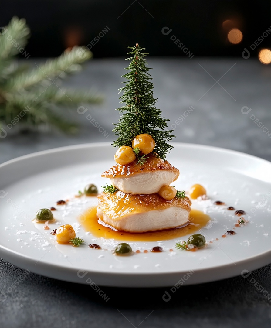 Lindo filé de frango em formato de pinheiro em prato sobre fundo desfocado