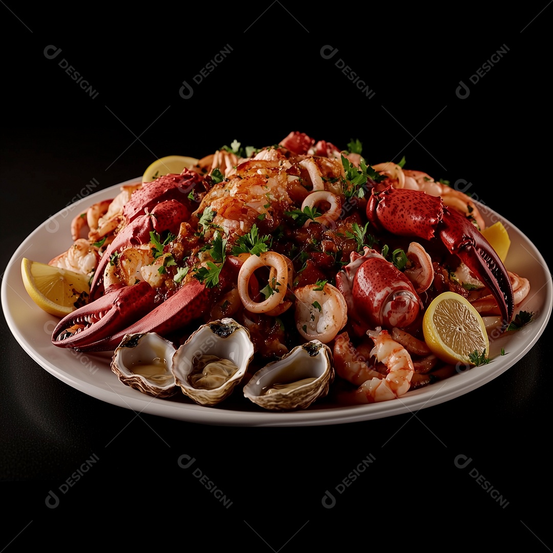 Lindos frutos do mar em prato sobre fundo isolado